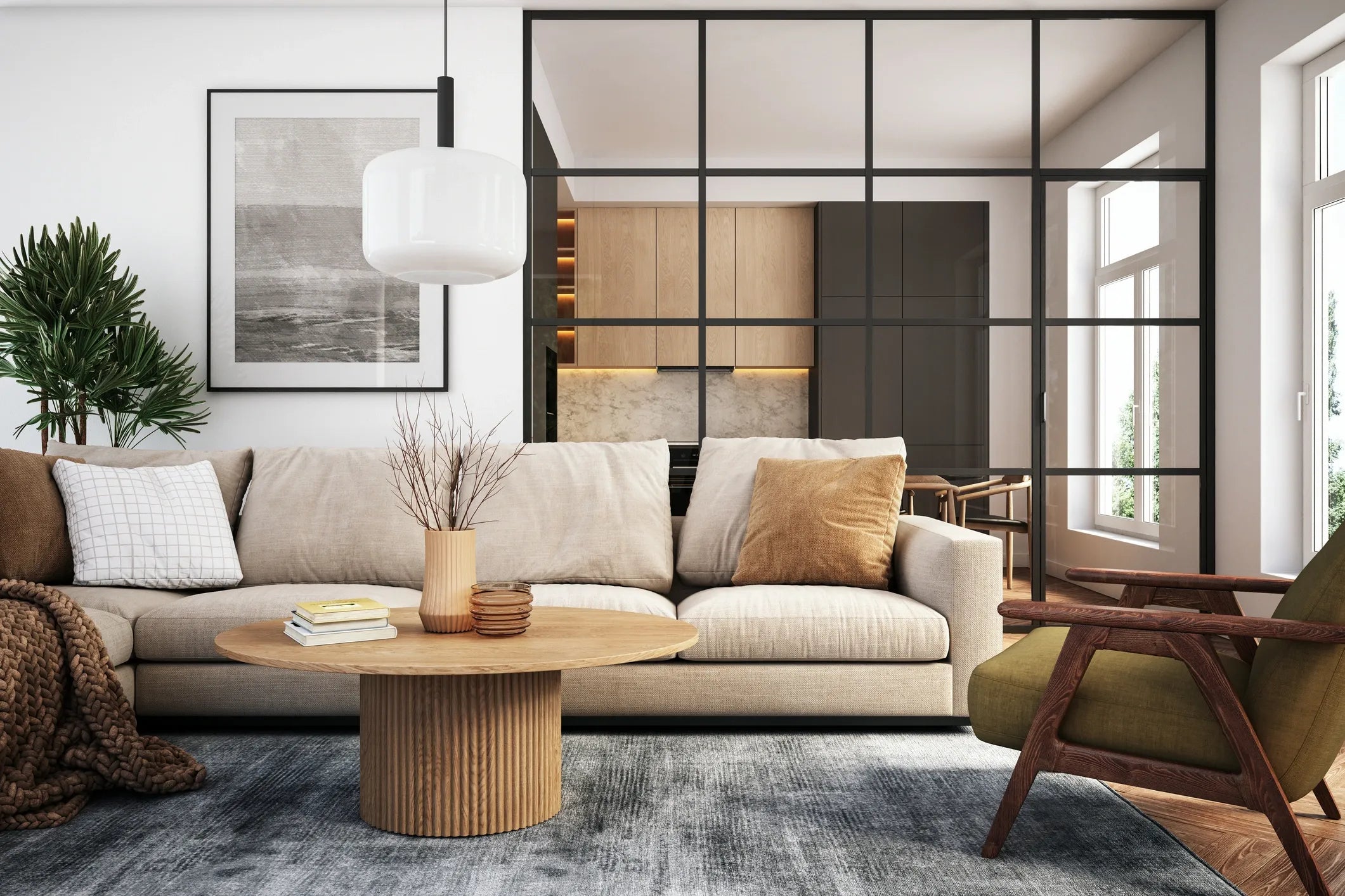 Modern living room with a beige sofa, wooden coffee table, and decorative elements.

